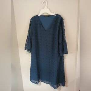 FASHION Blue Pom Pom Swiss Dot Dress Large Bell Sleeve V-Neck Shift Mini Lined